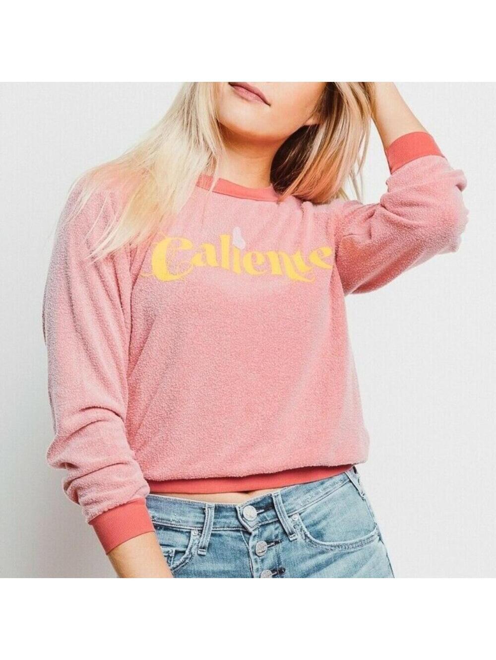 WILDFOX NWT Caliente Pink Graphic Fuzzy Fleece Pullover Sweatshirt S Small NEW